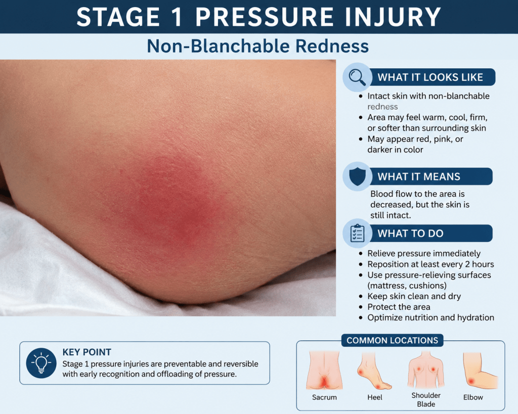 Stage 1 Pressure Injury: Non-blanchable intact skin redness